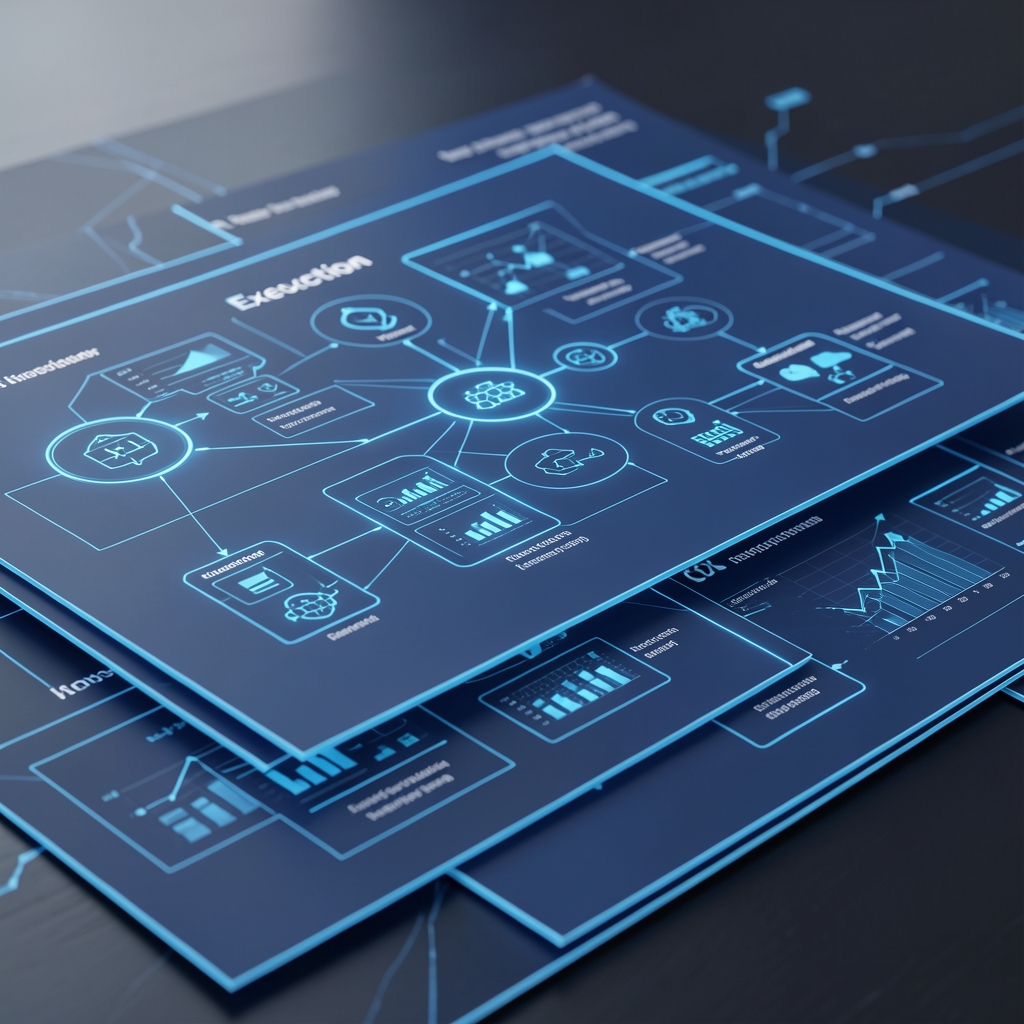 Layered blue technical diagram representing data, execution, and coordination in a blockchain network