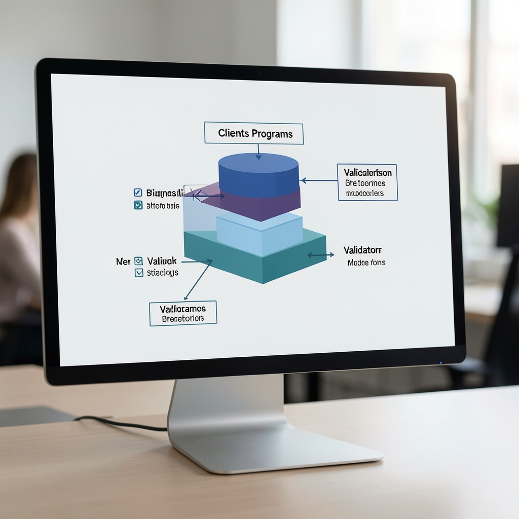 Clean technical diagram on a monitor showing layered blockchain architecture with clients programs and validators