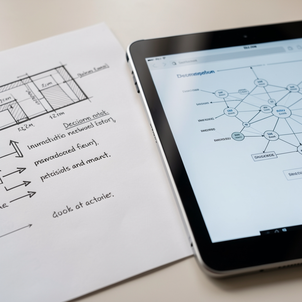 Close-up of architectural notes, arrows, and technical terms beside a tablet displaying network documentation