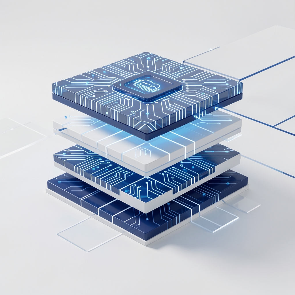 Blue and white abstract architecture of connected blockchain layers on a clean editorial backdrop