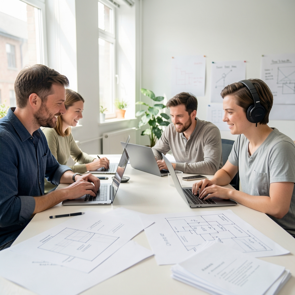 Software builders collaborating at a bright studio table with technical diagrams and laptops