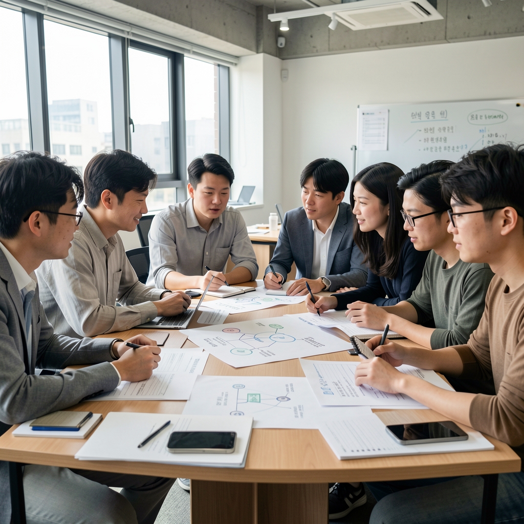 Diverse workshop group discussing printed blockchain diagrams around a table during an educational meetup in Seoul