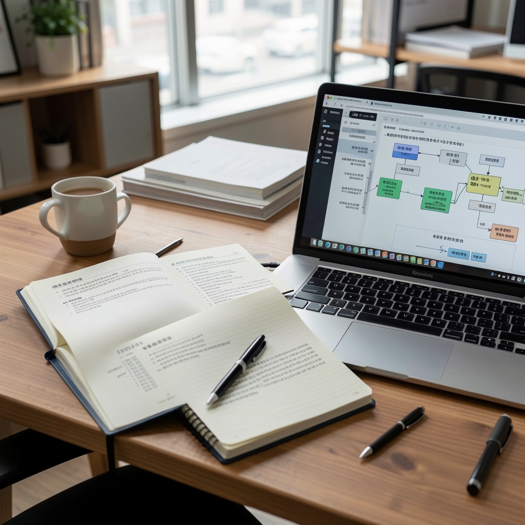 Open technical documentation, notebook, and laptop showing a blockchain research workflow on a wooden desk in Seoul