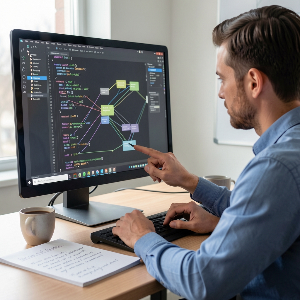 Developer reviewing code and network diagrams on a monitor beside handwritten technical notes and a coffee cup