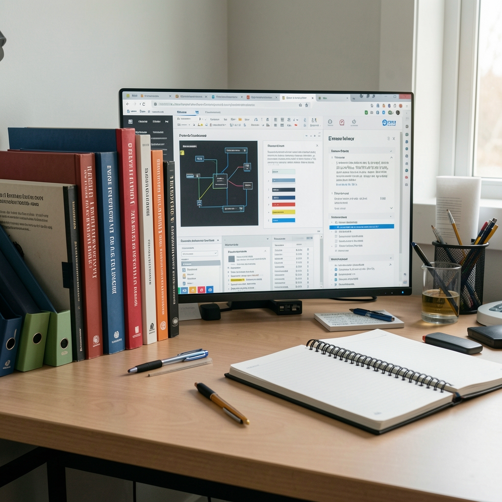 Organized technical books, browser tabs, and a notebook forming a careful documentation research workspace