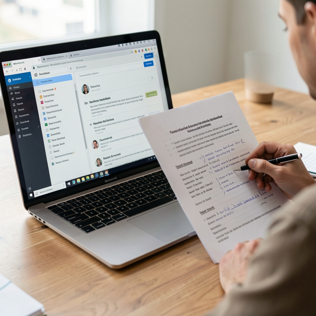 Reader comparing versioned blockchain documentation pages on a laptop and printed notes