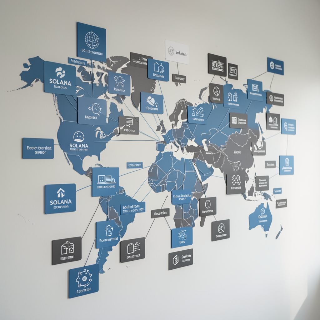 Editorial wall map of interconnected Solana ecosystem categories in blue, white, and charcoal