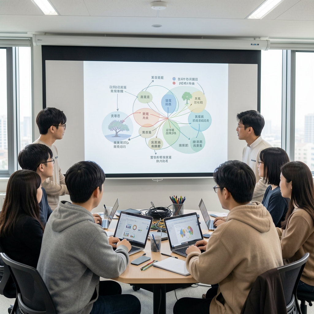 Seoul workshop participants examining an ecosystem diagram on a large screen
