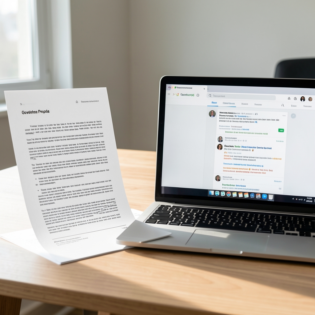 Annotated governance proposal pages beside a laptop displaying a public discussion thread