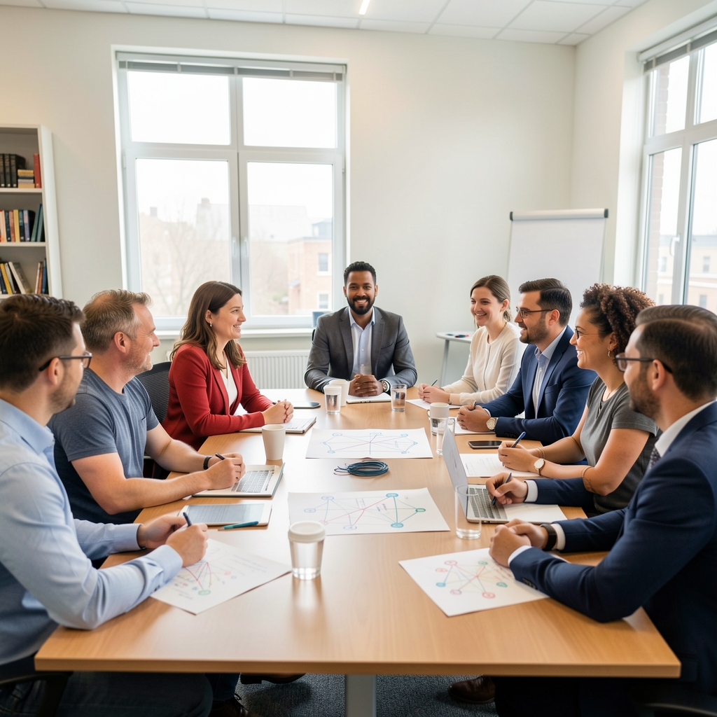 Editorial roundtable with printed network proposals and diverse participants in a bright meeting room