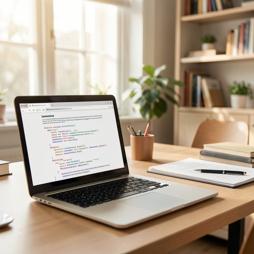 Printed developer documentation and a laptop showing code examples in a bright study space