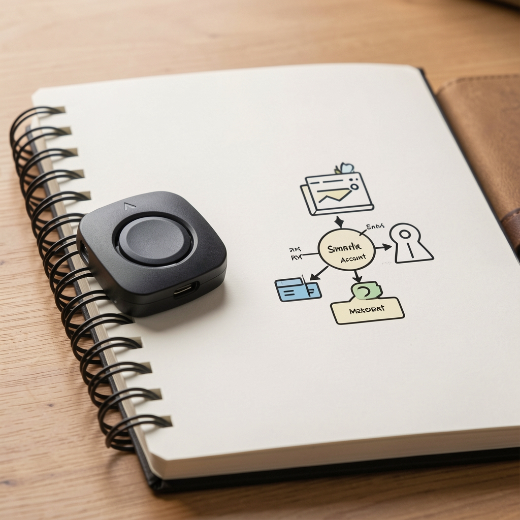 Secure hardware wallet beside a notebook with a simple account and key management diagram