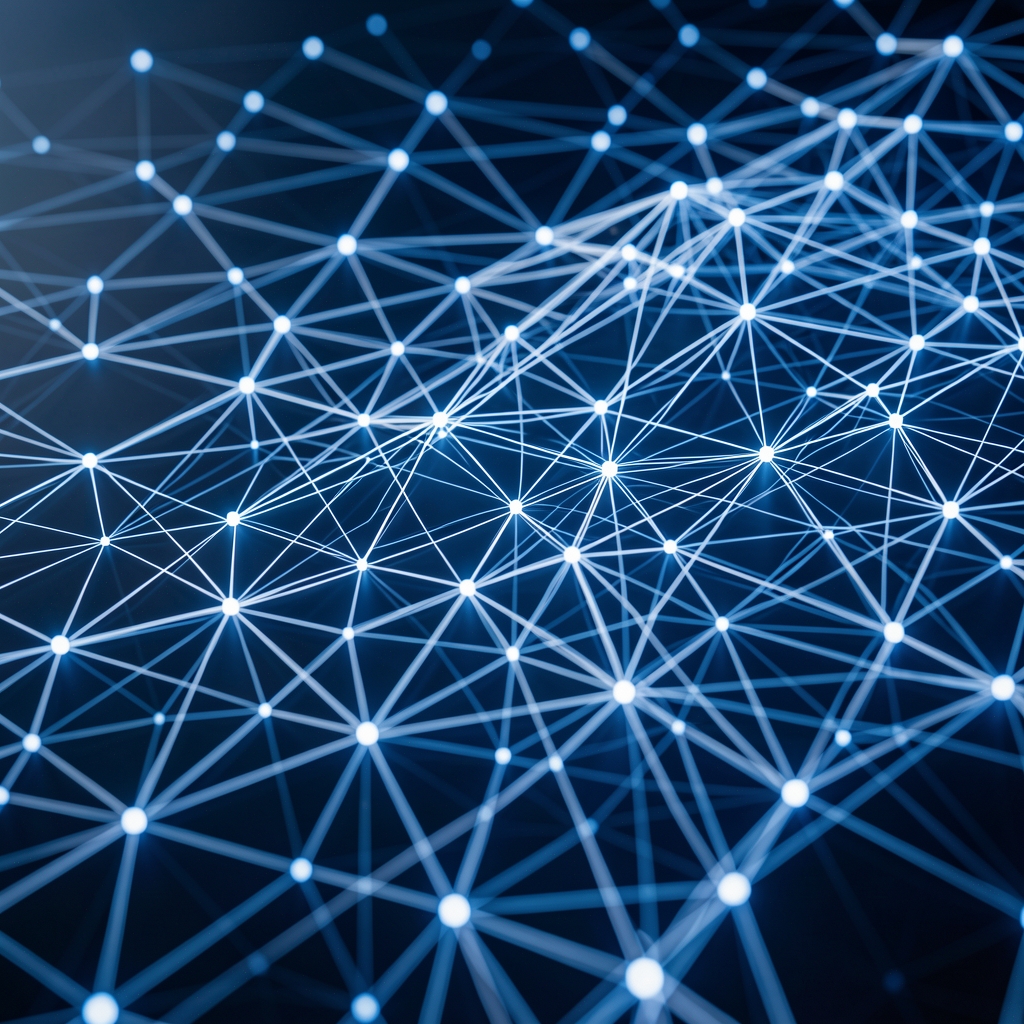 Abstract blue and white visualization of the Solana blockchain network with connecting nodes extending beyond the frame