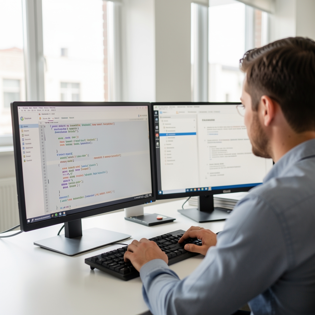 Developer reading clean program code and interface documentation on two monitors in a bright workspace