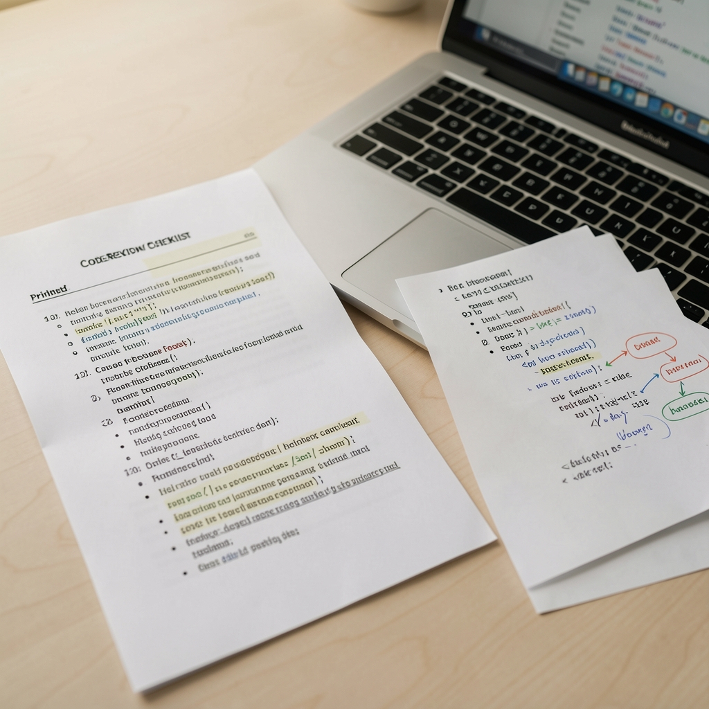 Printed code review checklist and annotated program documentation beside a laptop keyboard