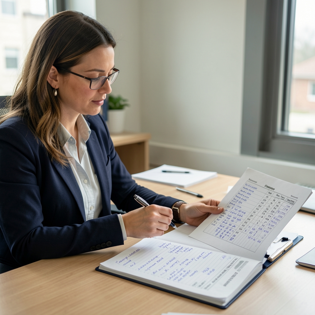 Researcher comparing transaction fields with handwritten notes and a printed glossary