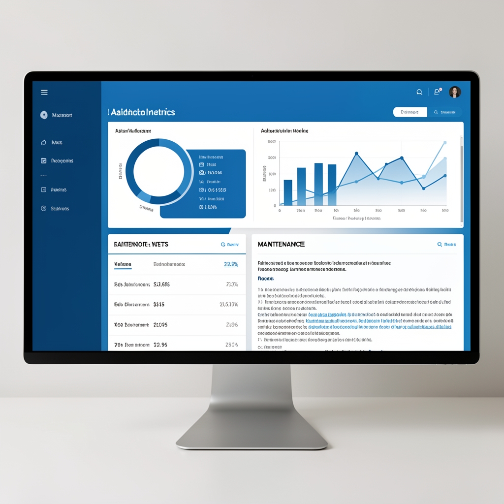 Wide monitor showing abstract validator metrics and maintenance notes in a blue editorial interface