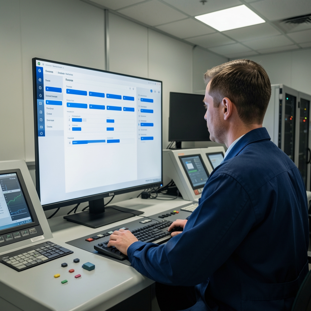 Infrastructure operator monitoring a clean server dashboard with blue status lights in a quiet control room