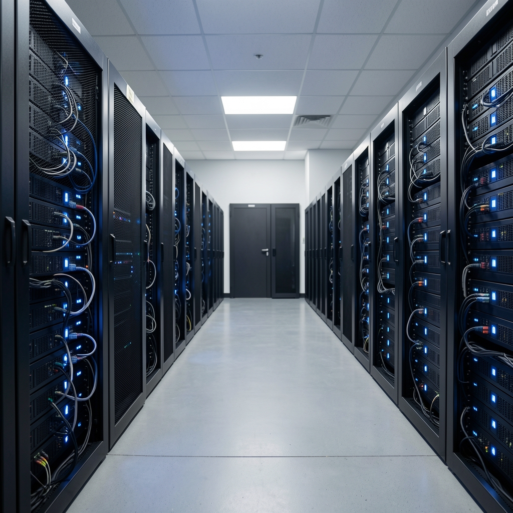 Quiet server room with blue indicator lights representing distributed validator infrastructure and careful software maintenance