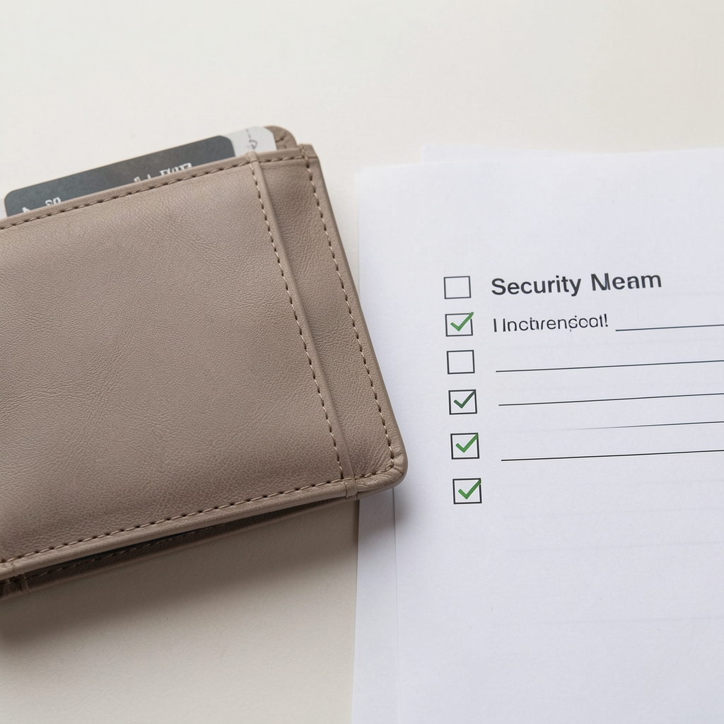 Close view of a neutral wallet interface beside a security checklist with no personal information visible