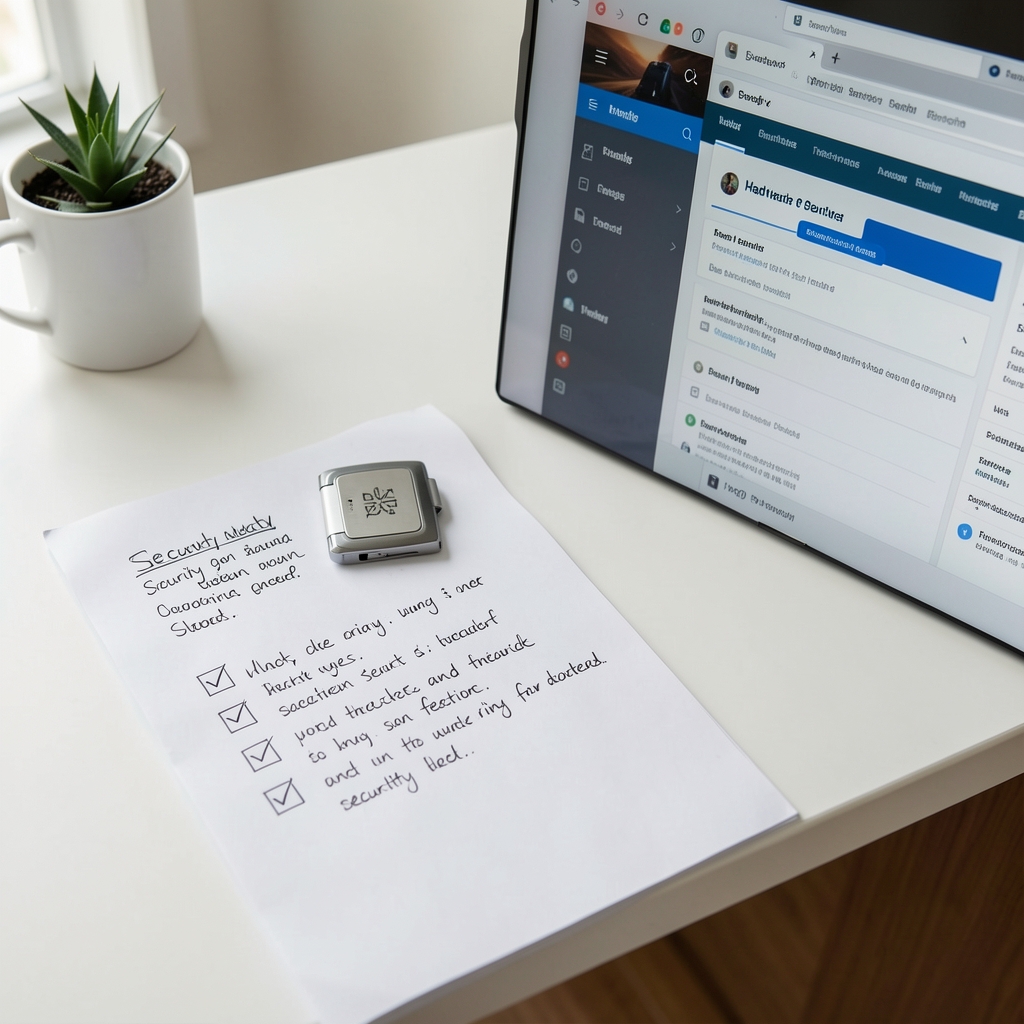 Hardware wallet, handwritten security checklist, and browser interface arranged on a tidy white desk